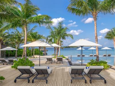 Sonnige Strandterrasse mit Liegestühlen, Sonnenschirmen und Palmen am Meer.