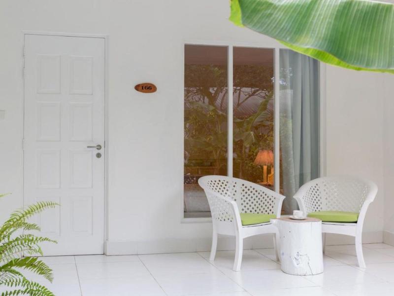 Světlá terasa s bílými židlemi, kulatým stolem a zelenými rostlinami u bílé stěny.