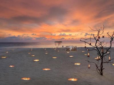 Playa con velas y árboles desnudos al atardecer bajo cielo nublado.