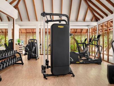Salle de sport lumineuse avec plafond à poutres en bois, divers équipements et grandes fenêtres.