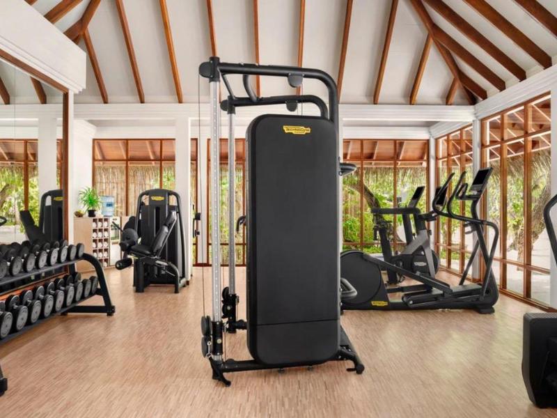 Jasna siłownia z nowoczesnym sprzętem i drewnianym sufitem w tropikalnym otoczeniu.
