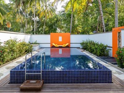 Klein rechthoekig zwembad met oranje muur en tropische planten in een privé buitenruimte.