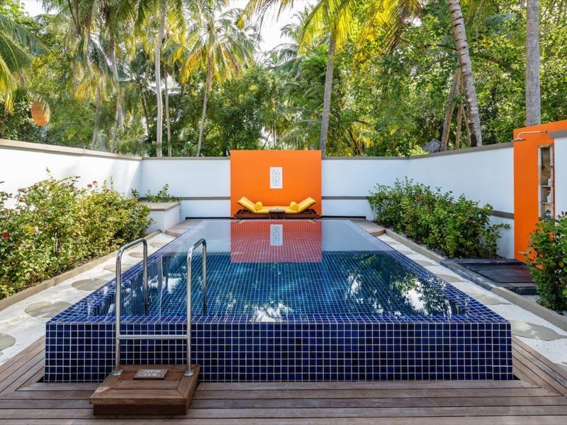 Klein rechthoekig zwembad met oranje muur en tropische planten in een privé buitenruimte.