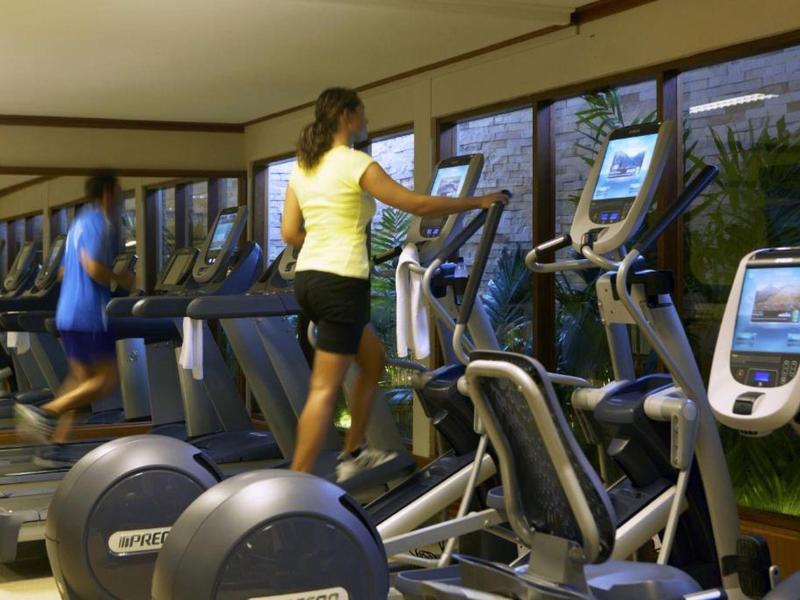 People exercising on cardio machines in a bright gym with large windows.