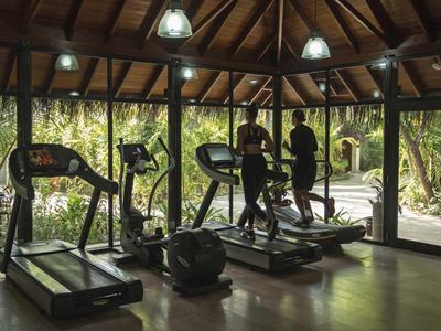 Posilovna s běžeckými pásy a velkými okny s výhledem na zelený venkovní prostor.