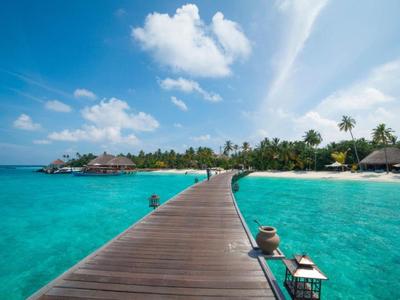 Dřevěný mol přes tyrkysovou vodu vede k bungalovům a palmám pod modrou oblohou.