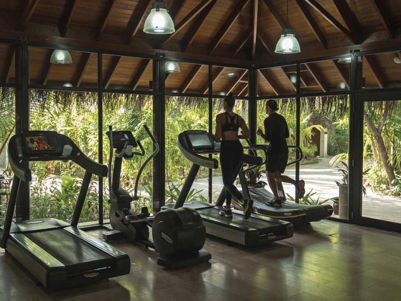 Palestra con tapis roulant e vista su un giardino tropicale attraverso grandi vetrate.