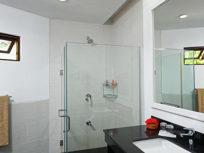 Moderní koupelna se sprchovým koutem ze skla, černou pracovní deskou a velkým zrcadlem.