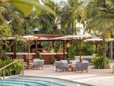 Espace piscine avec chaises longues et bar couvert entouré de palmiers