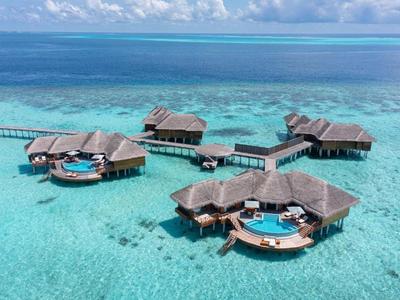 Bungalows sur pilotis avec piscines sur une eau turquoise et ciel bleu.