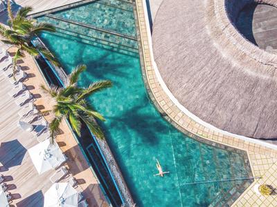 Luftaufnahme eines Pools mit Palmen, Liegestühlen und einer Person im Wasser.