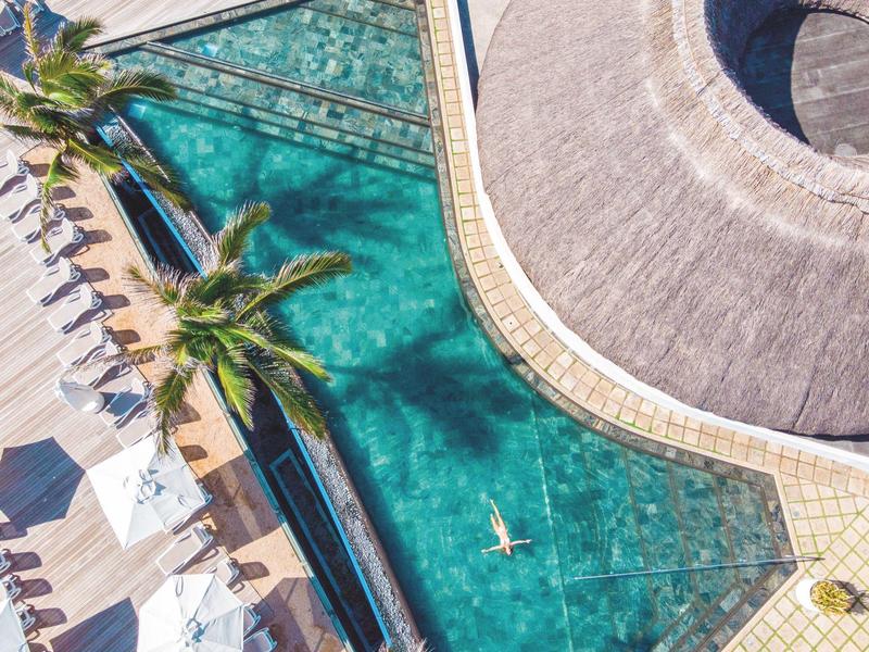 A pool with palm trees and a person swimming in the water next to a round roof.