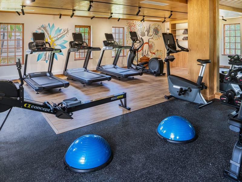 Helles Fitnessstudio mit Laufbändern, Rudergerät, Hanteln und blauen Halbkugeln auf Teppichboden.