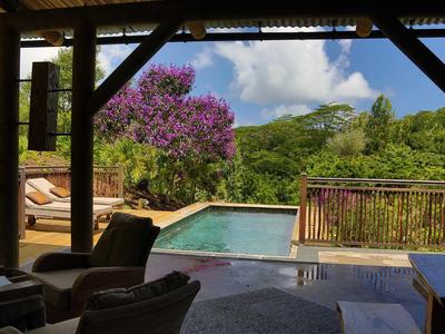 Überdachte Terrasse mit Sitzmöbeln, Blick auf blühenden Baum und kleinen Pool, grüne Hügel im Hintergrund.