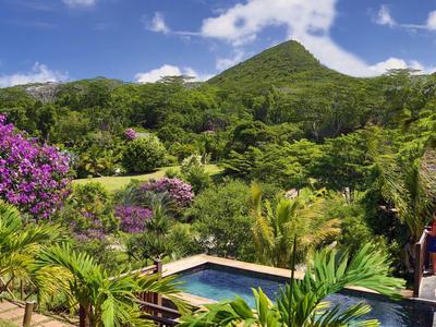 Berglandschaft mit grünem Wald, bunten Blumen und blauem Pool unter blauem Himmel.