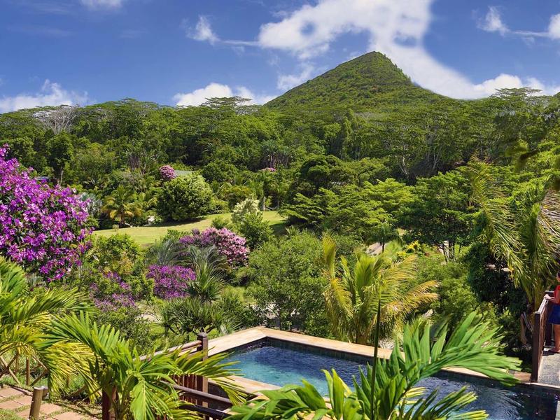 Berglandschaft mit grünem Wald, bunten Blumen und blauem Pool unter blauem Himmel.