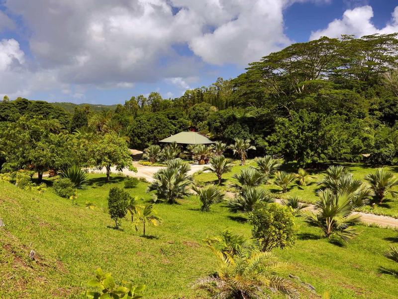 Grünes, bewaldetes Gelände mit Häusern und Wegen unter blauem Himmel mit Wolken.