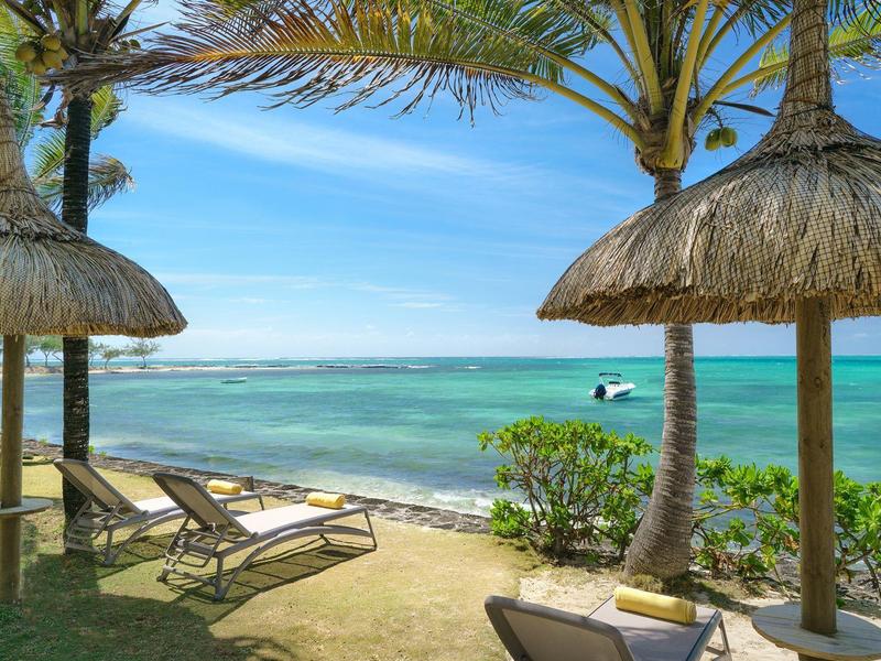 Plaża z leżakami i palmami pod niebieskim niebem nad morzem