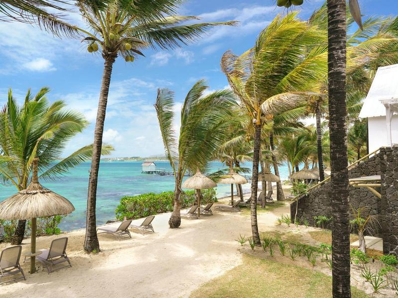 Plaża z palmami, leżakami i widokiem na niebieskie morze pod czystym niebem.