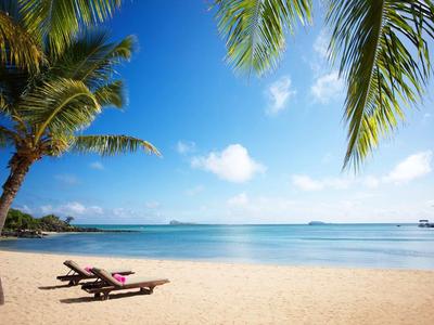 Zandstrand met palmbomen, twee ligbedden en kalme zee onder blauwe lucht