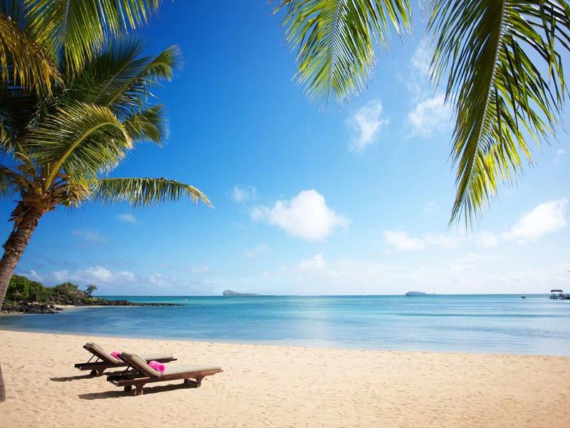 Zandstrand met palmbomen, twee ligbedden en kalme zee onder blauwe lucht
