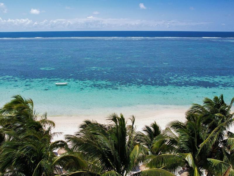 Spiaggia tropicale con palme, sabbia bianca e oceano turchese chiaro sotto un cielo azzurro.