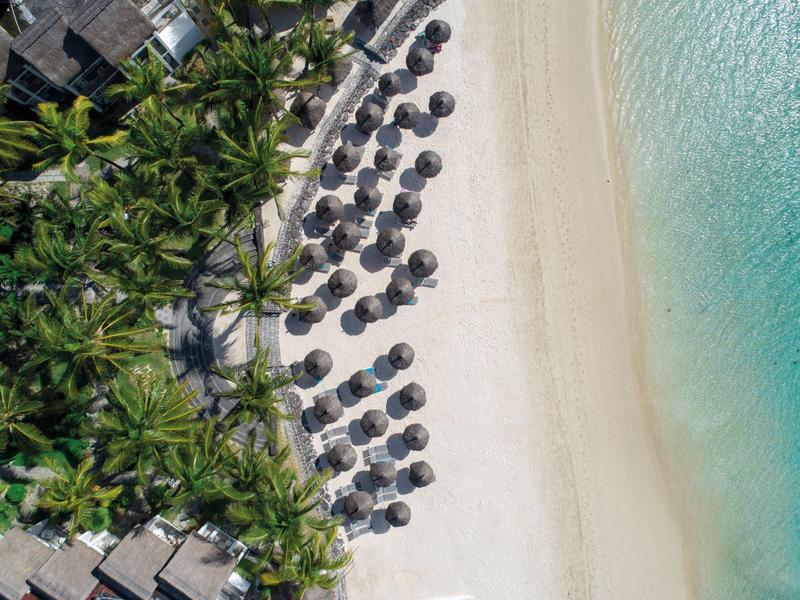 Vista aerea di una spiaggia tropicale con palme e ombrelloni di paglia lungo la riva.