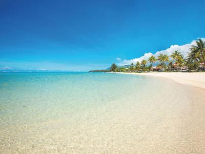 Strand mit klarem Wasser, weißem Sand und Palmen unter blauem Himmel am Meer.