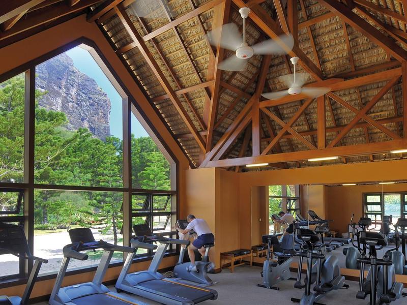 Interiér fitness prostoru s běžeckými pásy, posilovacími stroji a velkými okny s výhledem na hory.