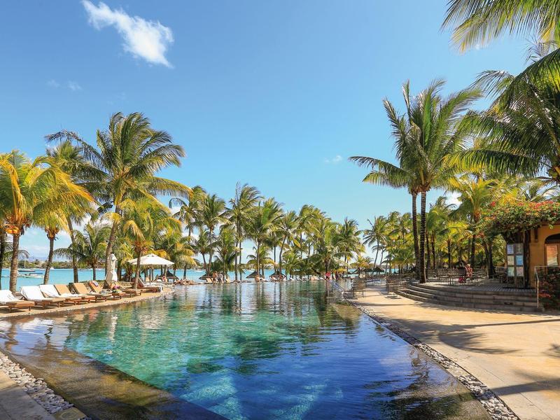 A tropical pool area with palm trees and lounge chairs under a clear sky.