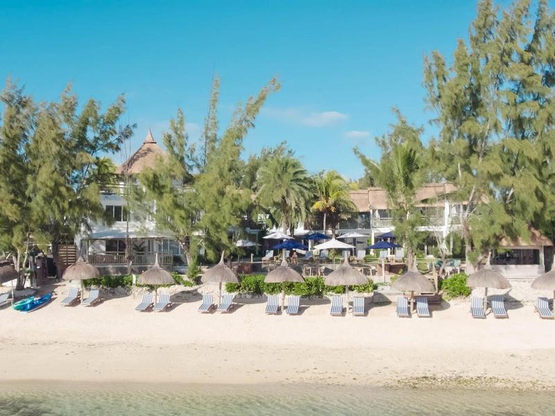 Strand met ligstoelen voor een hotel met bomen en heldere lucht