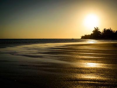 Strand mit glattem Sand und Palmen im Sonnenuntergang
