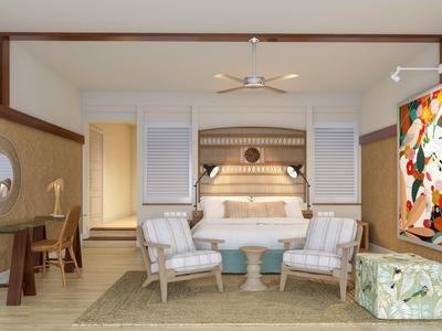 Moderní obývací pokoj se dvěma křesly, světlým kobercem a abstraktními malbami na stěně.