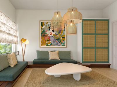 Světý obývací pokoj se zelenou pohovkou, moderním konferenčním stolkem a velkými skandinávskými lampami.