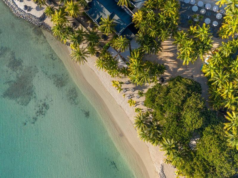 Letecký pohled na tropickou pláž s tyrkysovou vodou a palmami podél pobřeží.