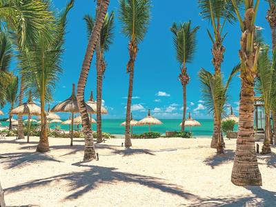 Strand mit Palmen, Sonnenschirmen aus Stroh und türkisfarbenem Meer unter blauem Himmel.