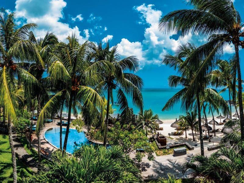 Vista de una zona de piscina tropical con palmeras y cielo azul en el hotel
