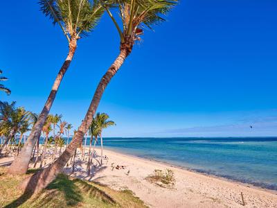 Strand mit Palmen und klarem blauem Himmel am Meer