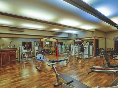 Großer Fitnessraum mit Holzboden und verschiedenen Trainingsgeräten unter hellem Deckenlicht.