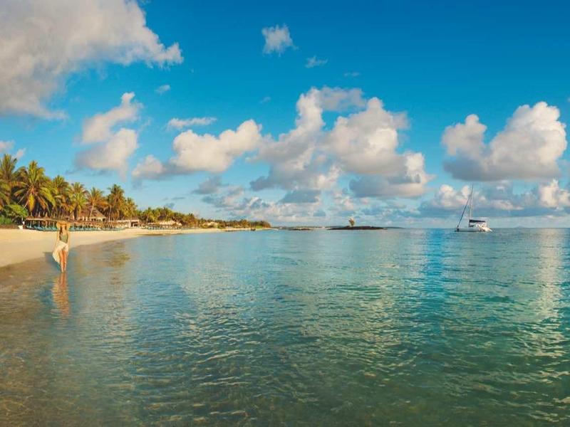 Beach with clear water, palm trees, and blue sky with clouds