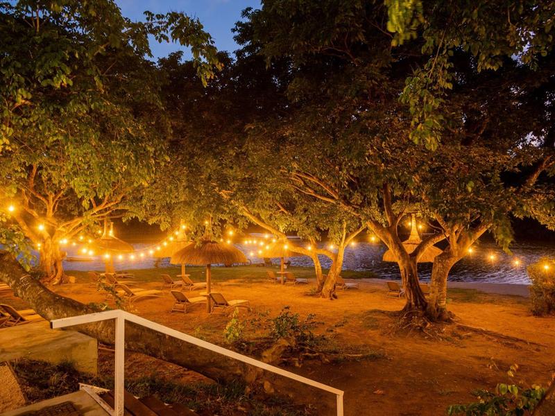 Večerní terasa s řetězovými světly a lehátky pod stromy venku.