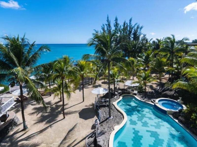 View of a hotel pool with palm trees and ocean in the background on a sunny day.