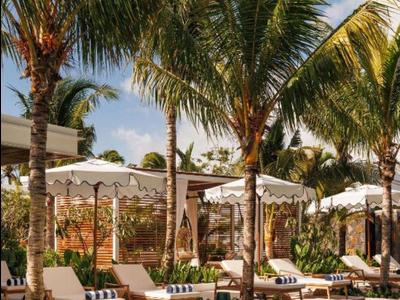 Luxurious pool area with sun loungers and palm trees in a tropical hotel setting.