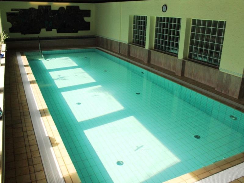 Innen-Schwimmbad mit klarem Wasser, grauem Kachelfußboden und großen Fenstern an der Wand.