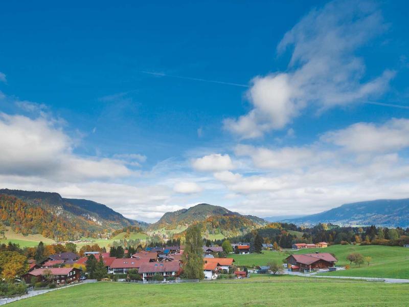 Paesaggio con prati verdi, case rosse e montagne sotto un cielo blu con nuvole.