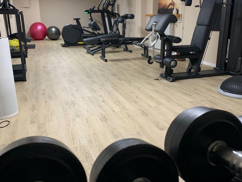 Fitnessruimte met halters, loopbanden en fitnessballen op lichte houten vloer.