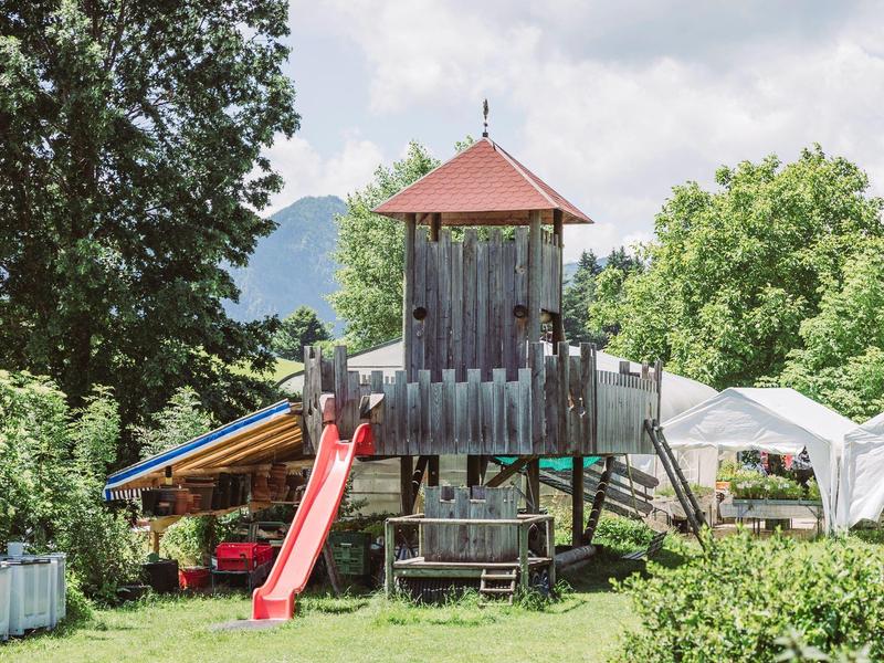 Een speelplaats voor kinderen met een houten toren en een rode glijbaan omgeven door bomen.