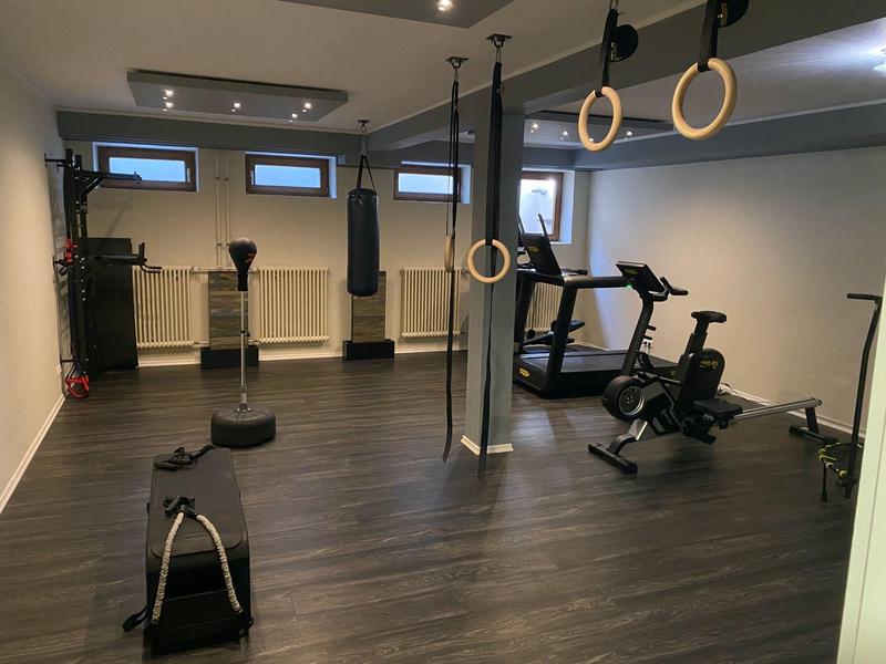 Modern gym room with dumbbells, gymnastic rings, and exercise bikes in a hotel.
