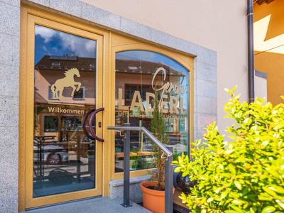 Houten deur met glasramen aan een licht gebouw, planten op de voorgrond.