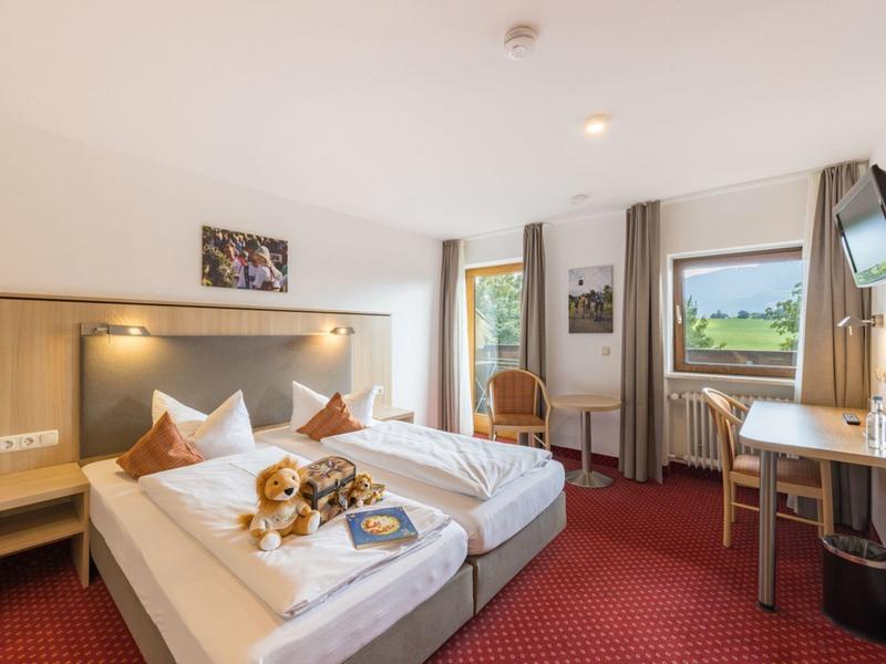 Chambre d'hôtel confortable avec lit double, bureau, télévision et vue sur la nature.